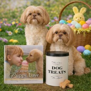 HARRY BARKER Holiday Gift Dog Treat Canister THE JOYOUS GIFT OF PUPPY LOVE Book